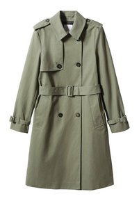 Olivgrüner Trenchcoat aus strukturiertem Stoff, mit doppelreihiger Knopfleiste, zwei großen Taschen, verstellbaren Manschetten und Gürtel.