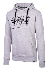 Grijze hoodie van zacht materiaal, met een voorzak in kangoeroevorm, trekkoorden, zwart logo en ribbelmanchetten en -zoom.