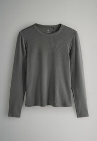 Graues Langarmshirt aus strukturiertem Stoff mit Rundhalsausschnitt, seitlichen Schlitzen und entspanntem Schnitt.