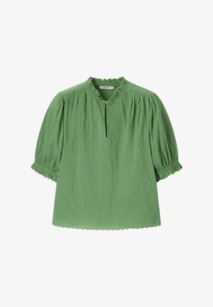Groene korte mouwen blouse met gerimpelde kraag, keyhole-halslijn met knoop, geplooide mouwen en subtiele verticale streeptextuur.