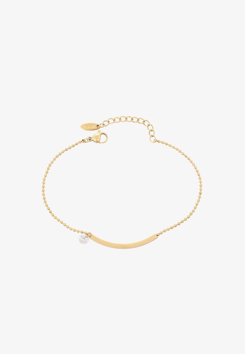 Goudkleurige armband met een gebogen staafontwerp, kleine kristallen accent en kralenketting, beveiligd met een hartvormige sluiting en een verlengstuk.