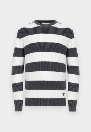 Sweter w paski z grubymi, granatowymi i białymi poziomymi paskami; faktura prążkowana; dekolt typu crew neck; mały trójkątny akcent na dole.