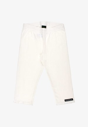 Witte katoenen legging met een elastische tailleband en een zwart merketiket aan de zoom. Soepele textuur en enkel-lange ontwerp.