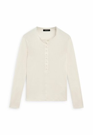 Maglia henley a manica lunga color crema con otto bottoni frontali e scollo rotondo, mostrata su sfondo bianco.