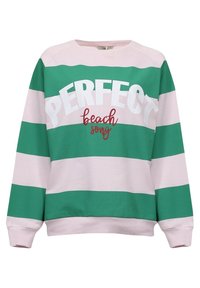 Sudadera a rayas verde y rosa con el texto "CANCIÓN PERFECTA de playa". Cuenta con un escote redondo y puños acanalados para un ajuste relajado.