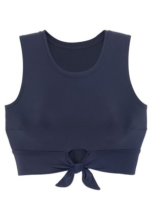 Soutien-gorge de sport bleu marine en tissu lisse, avec un col rond, des bretelles larges et un détail de nœud noué à l'avant.