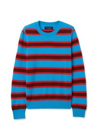 Maglione blu con strisce orizzontali rosse e maroon. Presenta un collo rotondo e maniche lunghe, realizzato in morbido tessuto a maglia.
