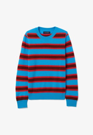 Maglione blu con strisce orizzontali rosse e maroon. Presenta un collo rotondo e maniche lunghe, realizzato in morbido tessuto a maglia.
