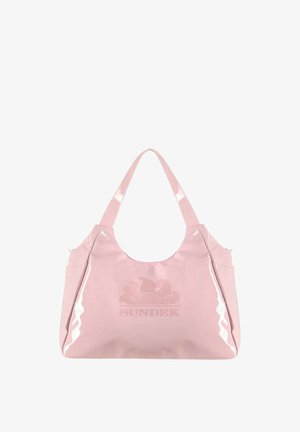Sac à épaule rose clair brillant avec logo soleil et vague en relief et le mot « Sundek » sur le devant.