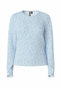 Maglietta blu a maniche lunghe con un tessuto testurizzato e stropicciato, caratterizzata da un motivo floreale bianco. Collo rotondo e polsini elastici.