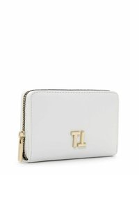 White leather wallet featuring a gold-tone logo, zip closure, and neat stitching. Rectangular shape with smooth texture.