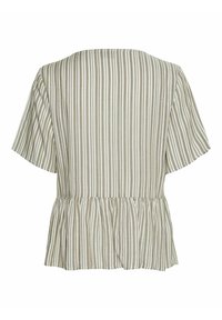 Vista posteriore a righe di una blusa peplum in beige chiaro e avorio. Presenta maniche corte, tessuto morbido e vita arricciata.