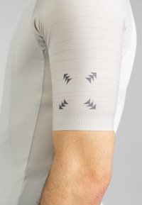 Short-sleeve athletic shirt in light gray fabric featuring horizontal stripes. Includes gray triangular patterns on the upper arm.