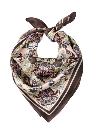 Silkeskærf med paisley-mønster i brun, lyserød, gul og blå, foldet og løst bundet i et hjørne.