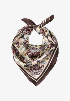 Silkkihuivi, jossa on paisley-kuvio, väreinä ruskea, vaaleanpunainen, keltainen ja sininen, taiteltu ja löyhästi solmittu yhdestä kulmasta.