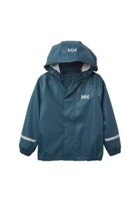 Teal waterdichte jas met een capuchon, elastische manchetten en reflecterende witte accenten. Voorzien van een rits aan de voorkant en het HH-logo op de borst.