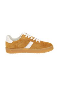 Wildledersneaker in Beige mit weißen Akzenten und Schnürsenkeln. Abgerundete Zehenpartie und eine Sohle aus Gummirubber. Das seitliche Design zeigt einen weißen Streifen.