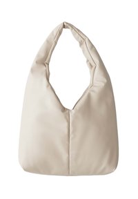 Borsa hobo beige con una texture morbida e liscia, dotata di una tracolla singola e un'apertura superiore, design leggermente gonfio e senza hardware visibile.