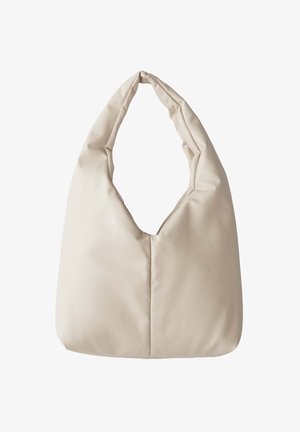 Beige Hobo-Tasche mit einer weichen, glatten Textur, ausgestattet mit einem einzigen Schultergurt und einem offenen Oberteil, leicht puffigem Design und ohne sichtbare Beschläge.