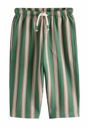 Grønne, beige og brune shorts med lodrette striber, elastisk talje og hvid snor, knælængde, afslappet stil.