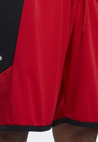 Partie inférieure du corps d'une personne portant un short de sport rouge et noir avec un cordon sur le côté droit.