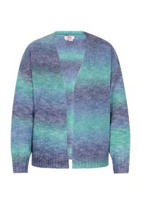 Cardigan multicolore con un motivo a gradiente in tonalità di blu e verde. Realizzato in morbido tessuto lavorato a maglia, con apertura frontale e polsini a costine.