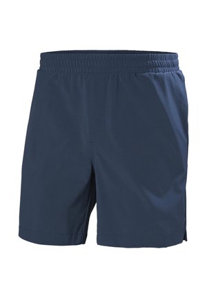 Navy blue men's athletic shorts with elastic waistband, side pockets, and a straight hem against a white background.