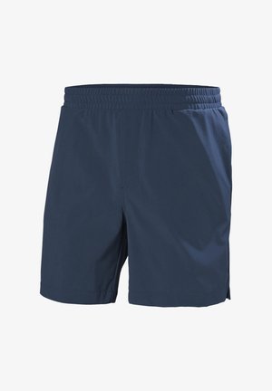 Navy blue men's athletic shorts with elastic waistband, side pockets, and a straight hem against a white background.