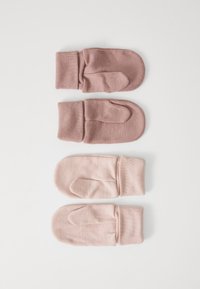 Set de trei mănuși pentru sugari dintr-un material moale; culorile includ mov și roz deschis; fiecare are o manșetă pliată și un design cu degete rotunjite.
