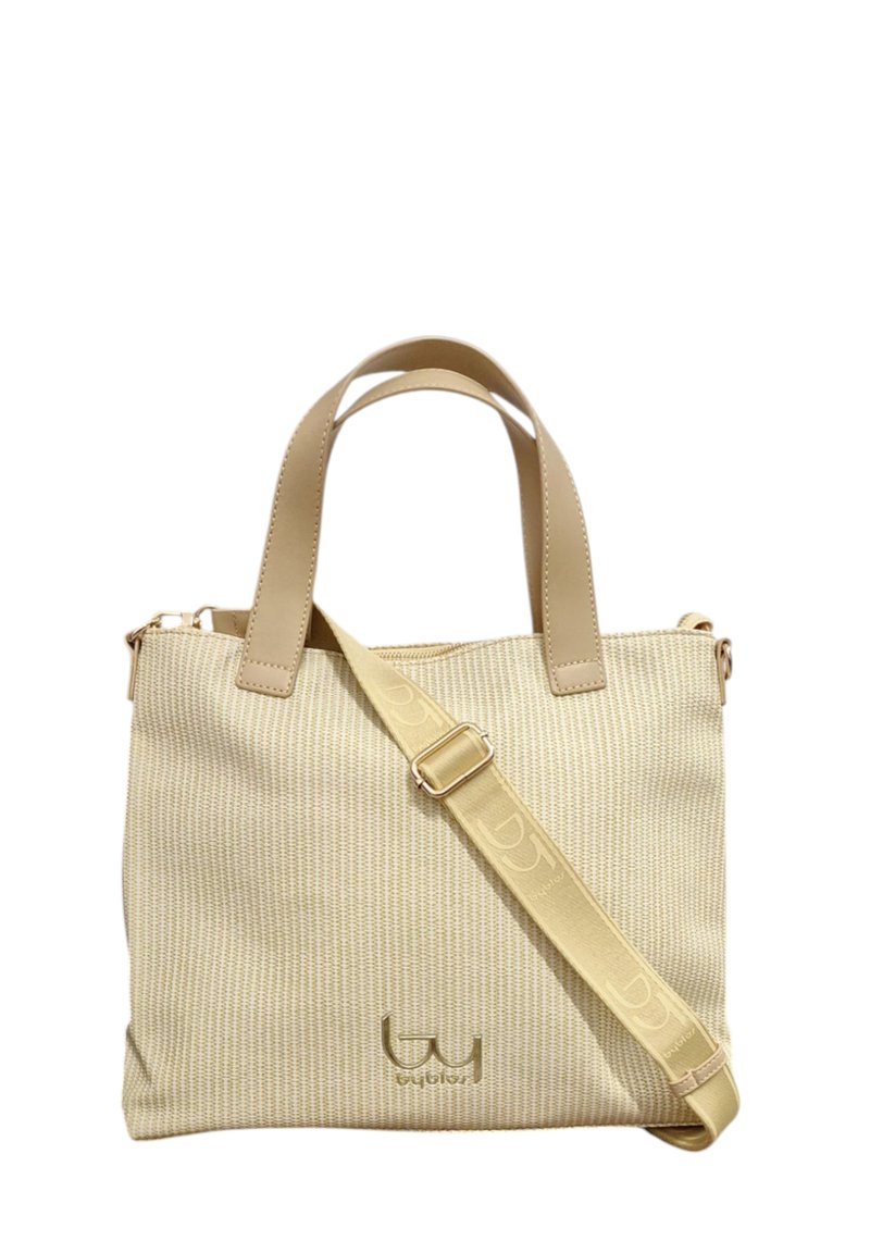 Borsa in tessuto intrecciato beige con manici in pelle e tracolla rimovibile. Presenta un logo sul fronte e una silhouette strutturata.