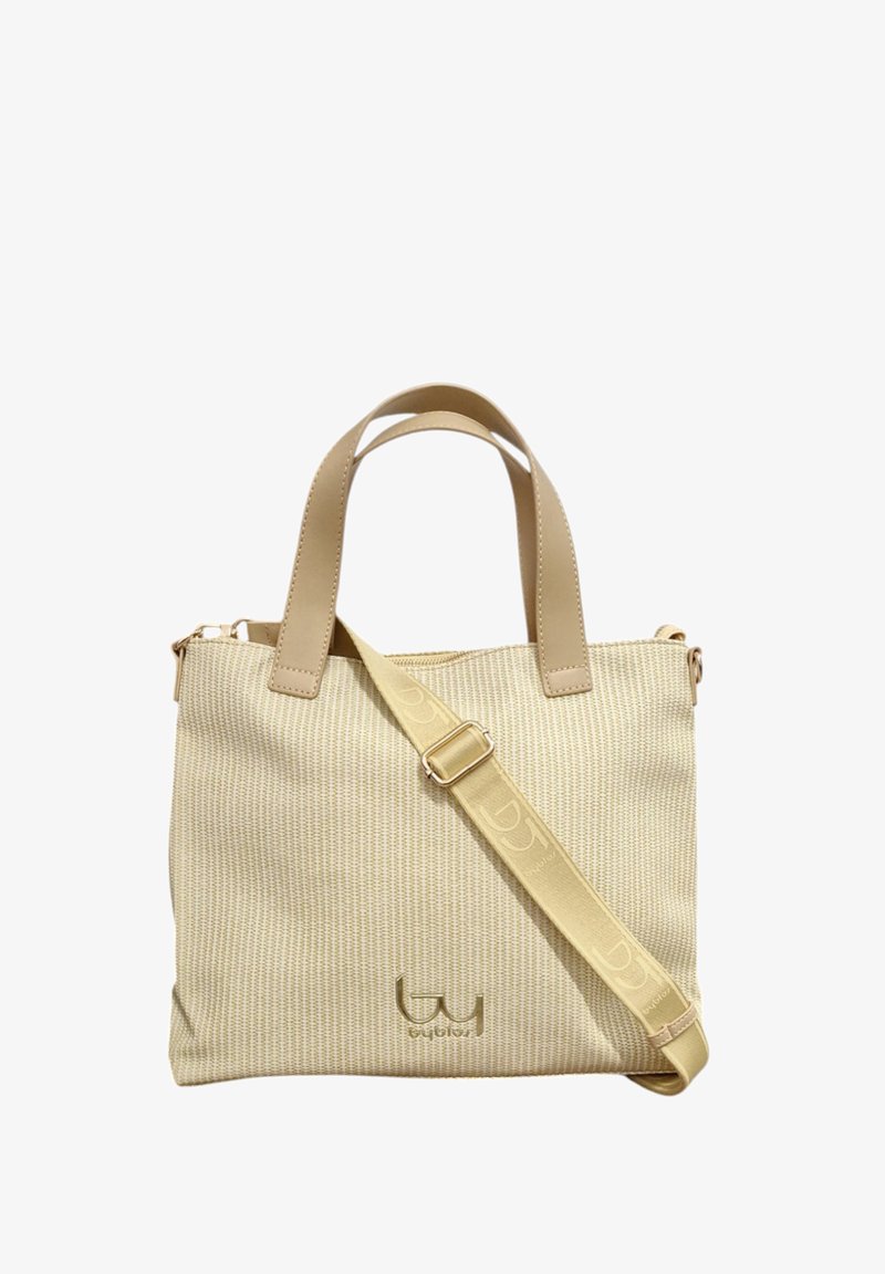 Borsa in tessuto intrecciato beige con manici in pelle e tracolla rimovibile. Presenta un logo sul fronte e una silhouette strutturata.