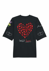 Black cotton t-shirt featuring a large red heart graphic made of smaller hearts, text "SWEET heart," and floral accents on sleeves.