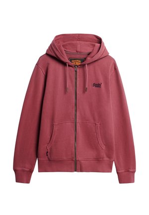 Bordeaux zip-up hoodie gemaakt van zachte stof, met een capuchon met trekkoord, voorzakken, geribbelde boorden en een geborduurd logo op de borst.