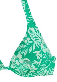 Groene bikini-top met een driehoeksontwerp en witte bloemen- en bladmotieven. Gemaakt van gladde stof met verstelbare bands.