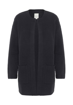 Dark navy knit cardigan with a textured pattern, open front, round neckline, and two front pockets. Soft fabric and relaxed fit design.