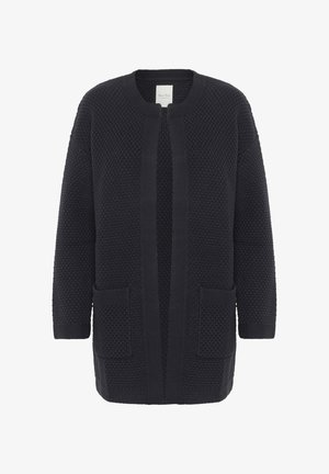 Mørkeblå strik cardigan med et mønstret tekstur, åben front, rund halsudskæring og to frontlommer. Blødt stof og behagelig pasform.