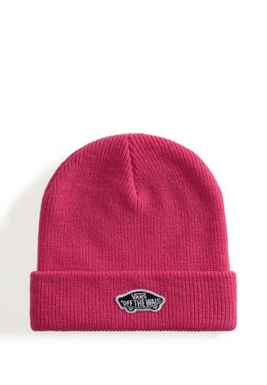 Berretto a coste di colore rosa acceso con risvolto, con toppa del logo Vans "Off The Wall" in bianco e nero.