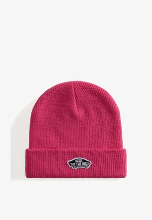 Berretto a coste di colore rosa acceso con risvolto, con toppa del logo Vans "Off The Wall" in bianco e nero.