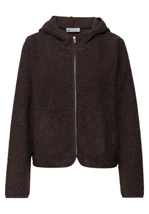 Veste en polaire marron foncé à fermeture éclair, avec capuche, manches longues et tissu doux texturé.