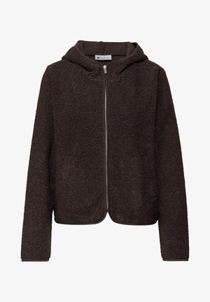 Chaqueta polar marrón oscuro con cremallera, capucha, mangas largas y tejido suave texturizado.