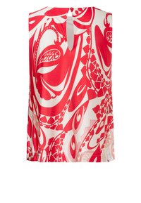 Mouwloos topje in rood en wit, met een levendig abstract patroon, ronde hals en een knoopsluiting met sleutelgat aan de achterkant. Soepele stof.