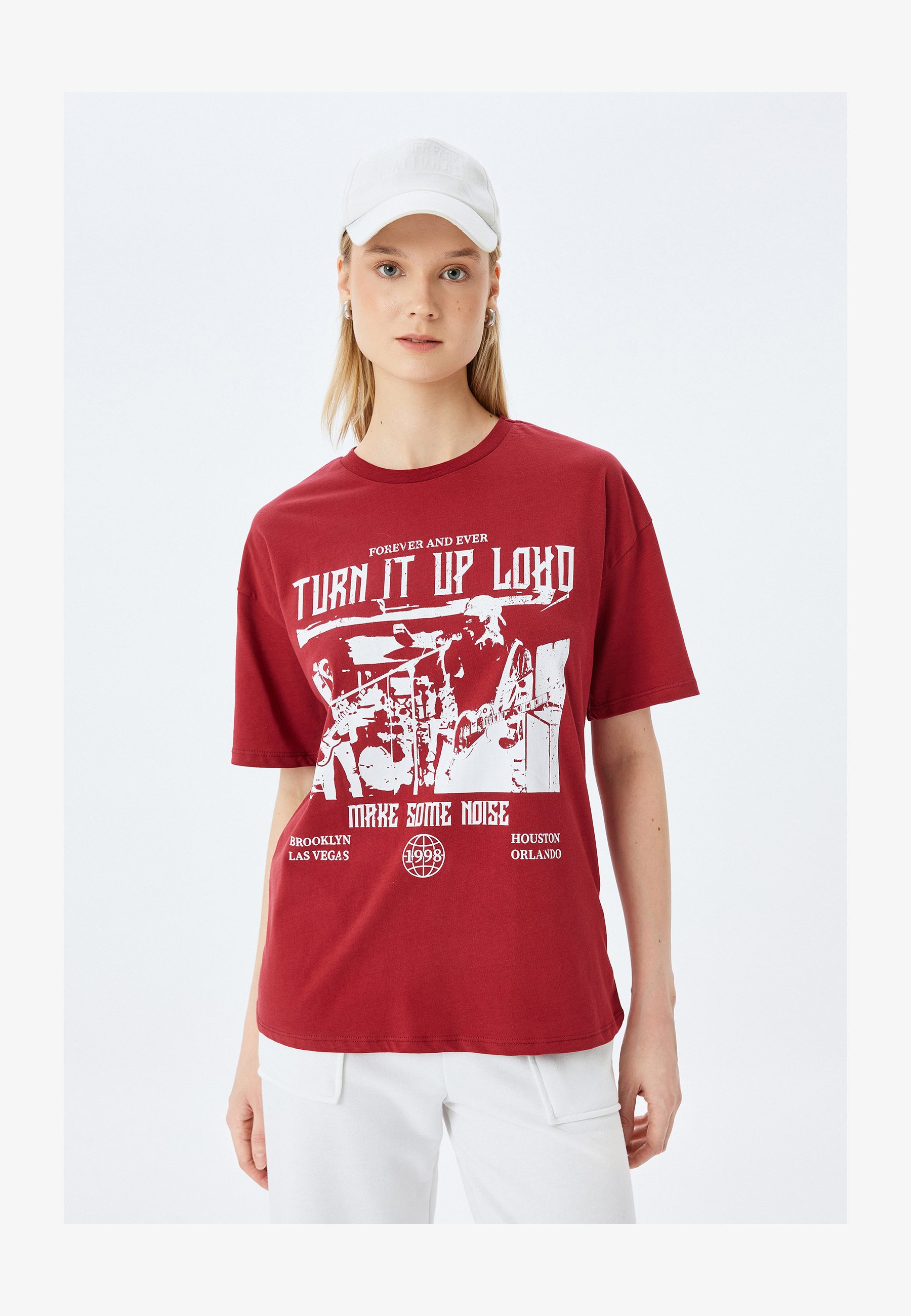 Koton Maglietta Donna A Maniche Corte Con Stampa Slogan, Girocollo, In Poliestere, Colore Antracite, Taglia XL