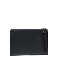 Borsa a clutch in pelle nera con texture liscia, forma rettangolare, chiusura con zip superiore e una sottile tracolla sul lato.