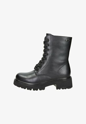 Stivaletto nero alla caviglia in pelle liscia, con chiusura frontale con lacci, suola robusta e marchio discreto sul lato. Design robusto con punta arrotondata.