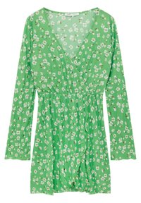 Robe portefeuille verte à manches longues avec un petit motif floral blanc et marron et une texture en tissu plissé.