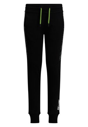 Pantalon de jogging noir avec cordons de serrage vert néon, poches latérales, bords côtelés aux chevilles et texte blanc "Salty Dog" près de la cheville gauche.