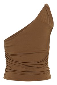 Rjava enonaramna majica iz mehkega, raztegljivega materiala. Ima nabiran detajl na strani in gladko, oprijeto silhueto.