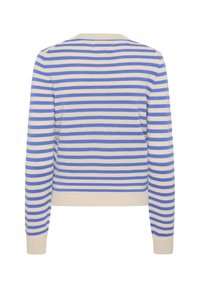 Striped sweater with light blue and cream horizontal stripes, round neck, long sleeves, and ribbed cuffs and hem. Soft knit texture.