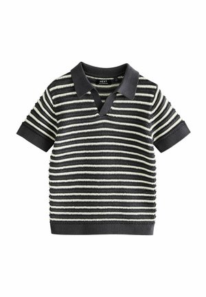 Gestreiftes Poloshirt mit kurzen Ärmeln und V-Ausschnitt, mit dunkelgrauen und weißen horizontalen Streifen, geripptem Kragen und Bündchen sowie Strickstruktur.
