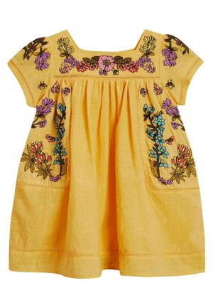 Gele jurk met bloemrijke borduurwerk in verschillende kleuren, korte mouwen, een vierkante halslijn en een losse pasvorm met geplooide stof.